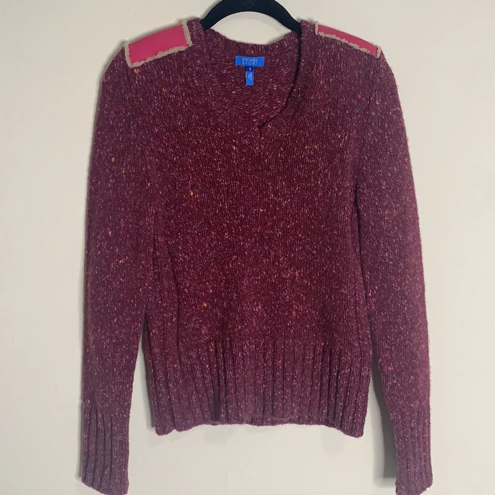 ESCADA Sport Women Small Cable Knit Stretch Wool Cashmere Blend Plum‎ Sweater-
